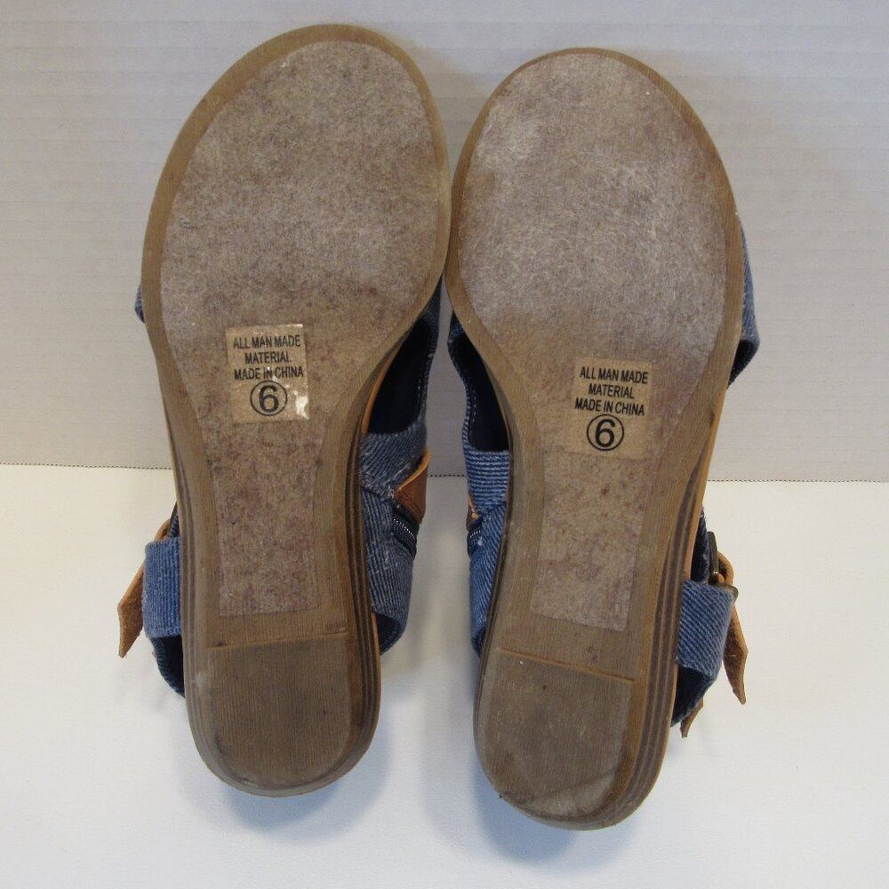 Women's Soda Blue Denim Open Toe Sandals Brown Buckle Strap Side Zipper Size 6 - Picture 6 of 8